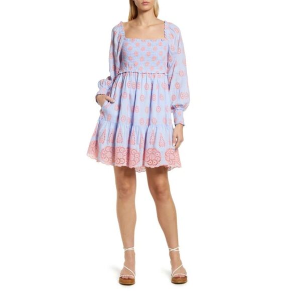 Lilly Pulitzer Rainna Eyelet Smocked Dress Blue Peri Chambray Dobby Eye Small - Picture 11 of 11